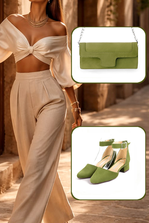 Dress heels closed-back ankle strap in pistachio green leather with low block heels and round toe - Worn view